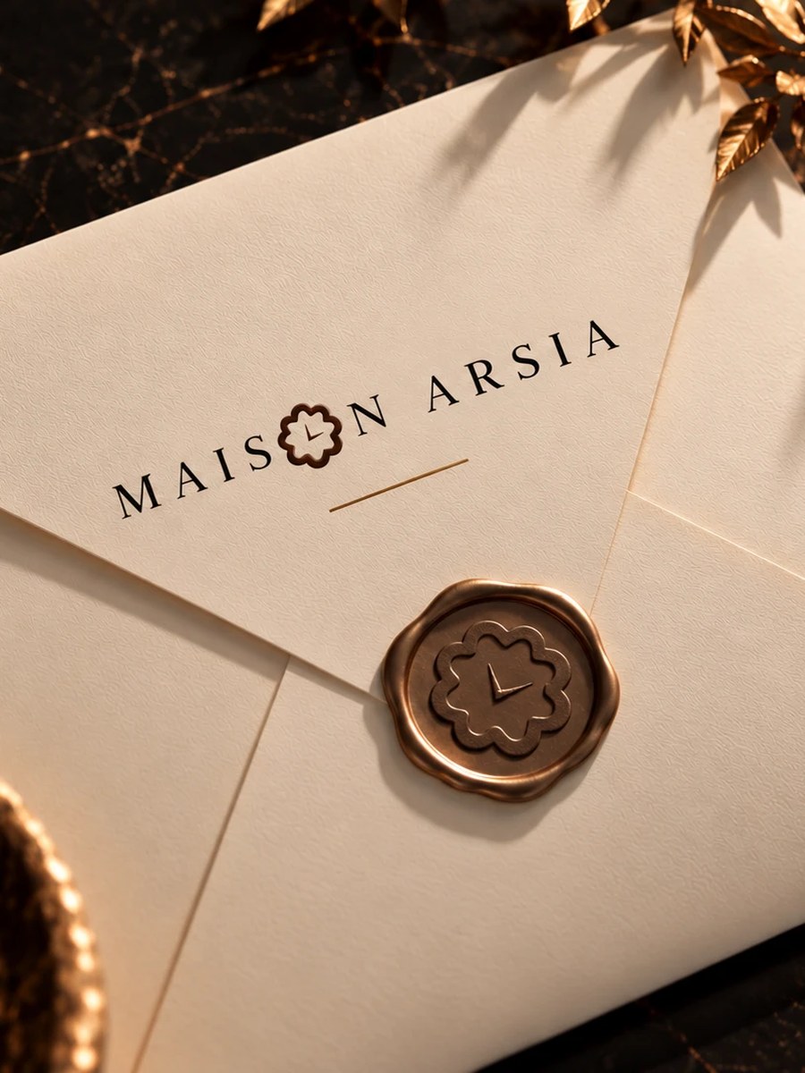 Enveloppe crème estampée « Maison Arsia » et fermée par un sceau de cire doré, posée sur du marbre noir veiné d'or, avec une branche dorée