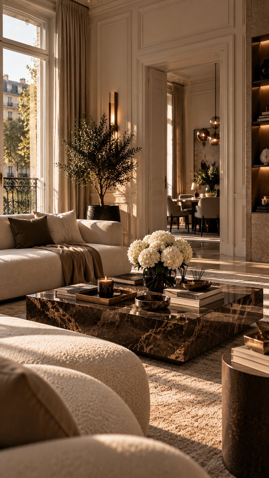 Salon lumineux aux tons crème et bois sombre : canapé bouclé, table basse en marbre veiné, bouquet d'hortensias blancs et olivier près d'une grande fenêtre